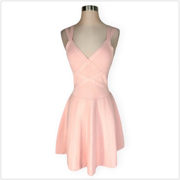 Guess Blush Pink Double Strap Bandage Fit Flare Skater Stretch Cocktail Dress M - Picture 2 of 6